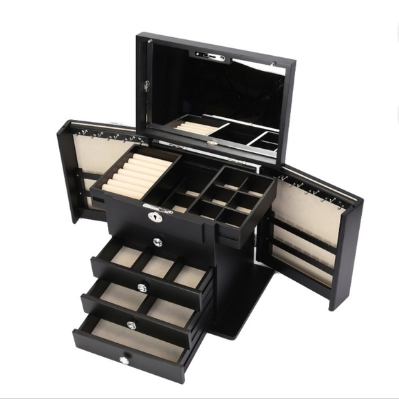 NEW Black Wooden Carved Flower with Crystals 5 Tier Jewelry Box w/Lock - Picture 4 of 8